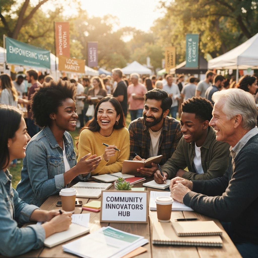 Youth, entrepreneurs, and community leaders collaborating at a community event